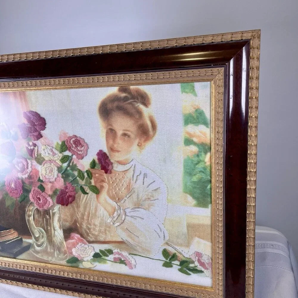 Vintage 3D Embroidered Canvas Victorian Woman W/ Pink Flowers Gold Gilt Framed